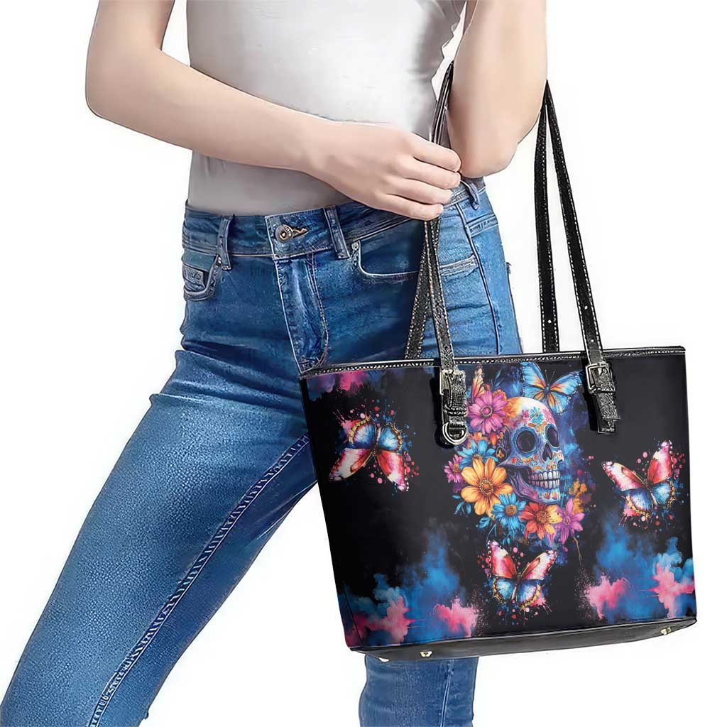 Mexican La Calaca and Butterfly Leather Tote Bag Skull Day Of The Dead LT9