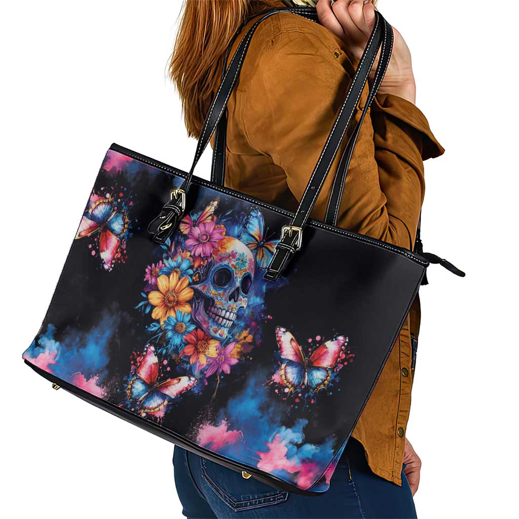 Mexican La Calaca and Butterfly Leather Tote Bag Skull Day Of The Dead LT9
