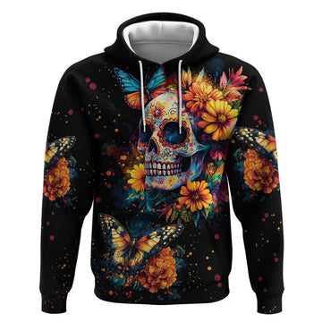 Mexican La Calaca and Marigold Flowers Hoodie Skull Day Of The Dead LT9
