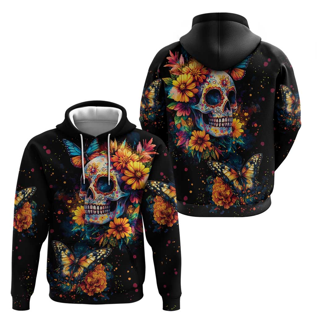 Mexican La Calaca and Marigold Flowers Hoodie Skull Day Of The Dead LT9