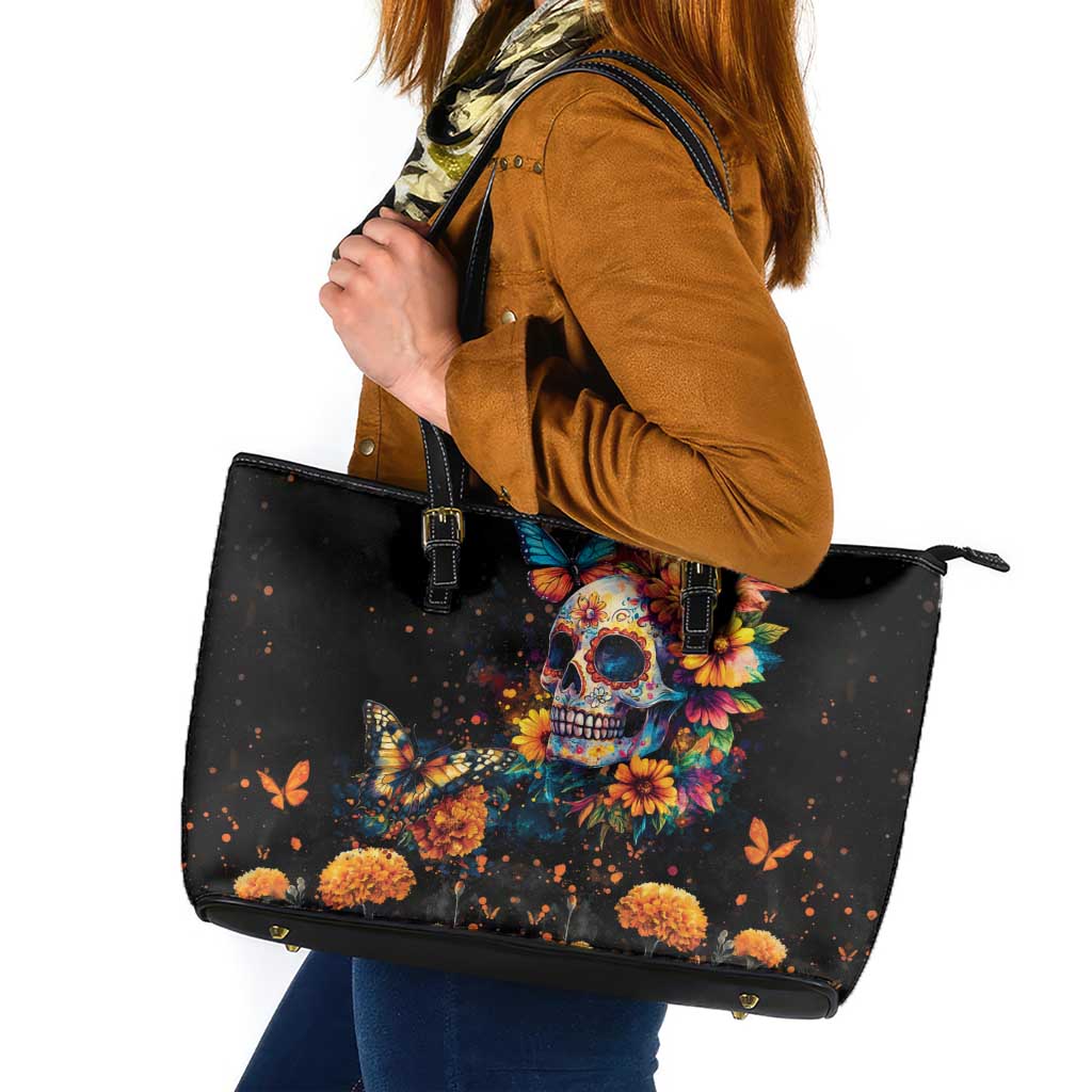 Mexican La Calaca and Marigold Flowers Leather Tote Bag Skull Day Of The Dead LT9