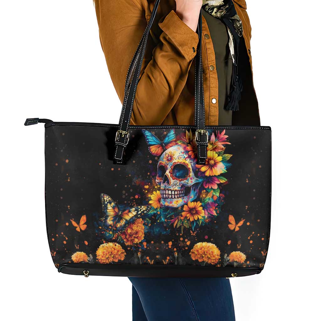 Mexican La Calaca and Marigold Flowers Leather Tote Bag Skull Day Of The Dead LT9