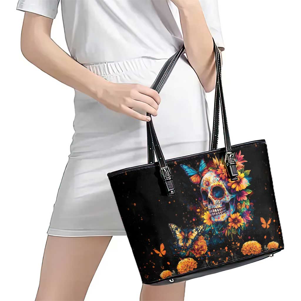 Mexican La Calaca and Marigold Flowers Leather Tote Bag Skull Day Of The Dead LT9