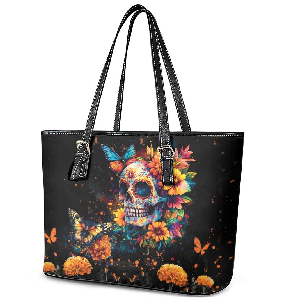 Mexican La Calaca and Marigold Flowers Leather Tote Bag Skull Day Of The Dead LT9