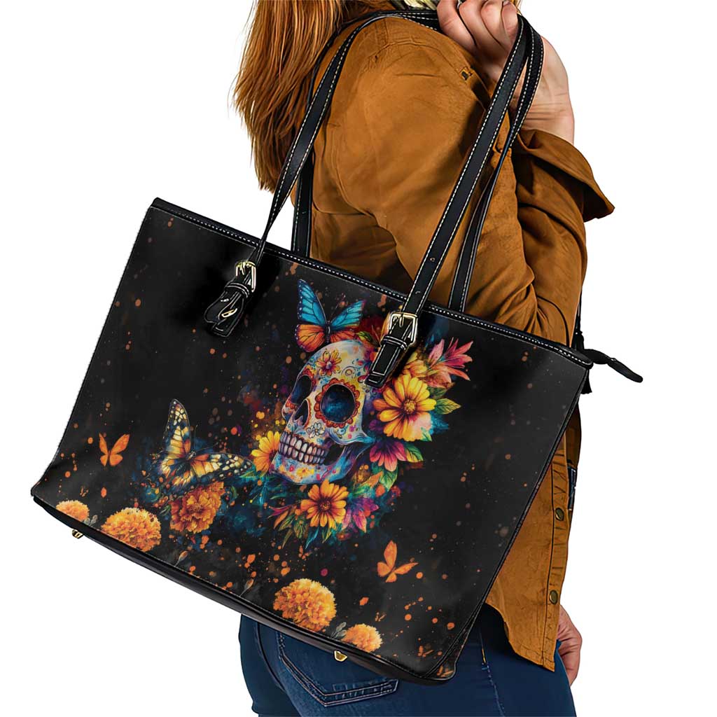 Mexican La Calaca and Marigold Flowers Leather Tote Bag Skull Day Of The Dead LT9