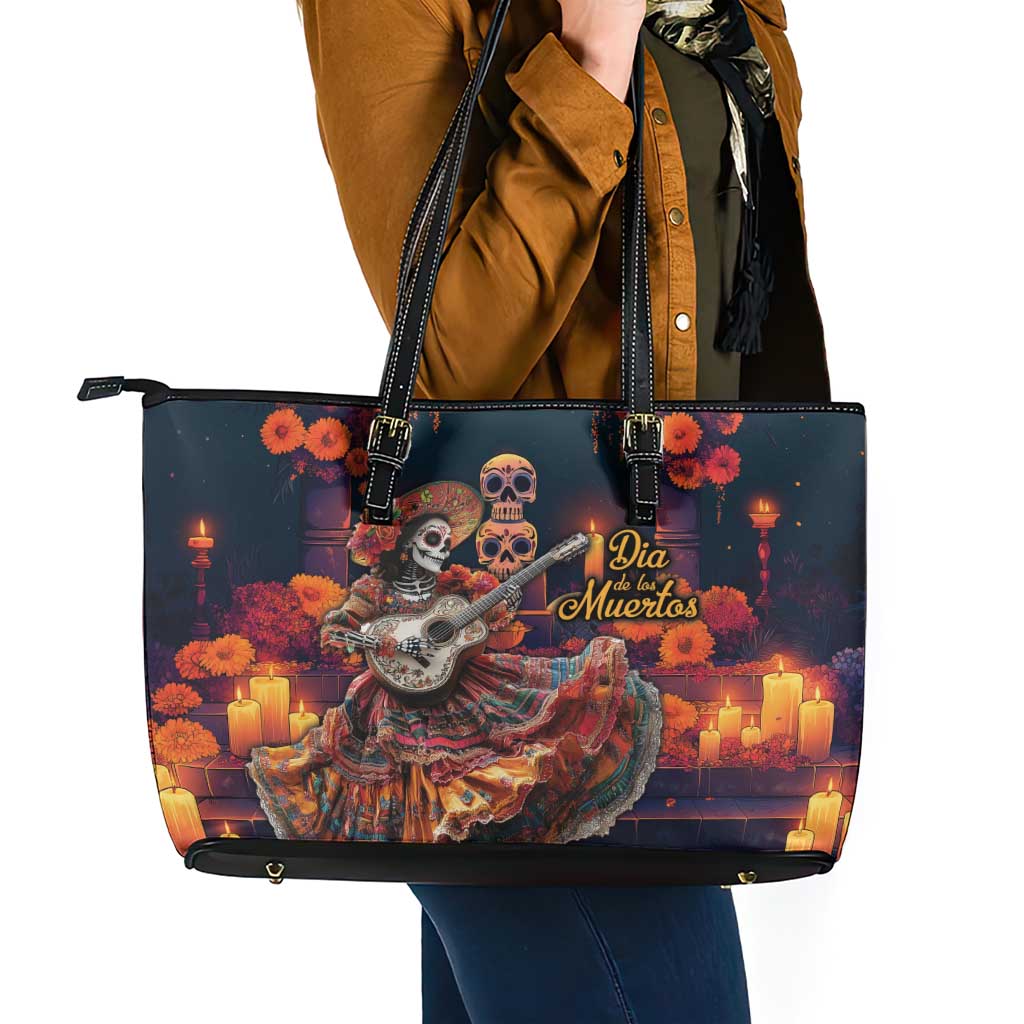 Mexican La Catrina Skeletons Dancing Leather Tote Bag Dia de Los Muertos Verion 1 LT9