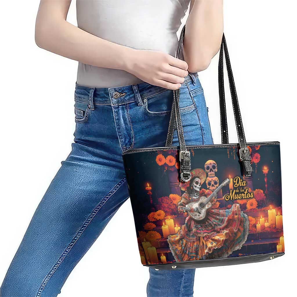 Mexican La Catrina Skeletons Dancing Leather Tote Bag Dia de Los Muertos Verion 1 LT9
