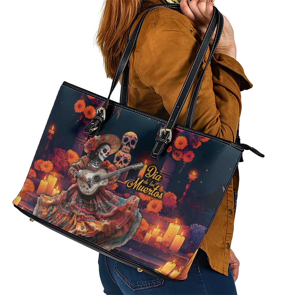 Mexican La Catrina Skeletons Dancing Leather Tote Bag Dia de Los Muertos Verion 1 LT9
