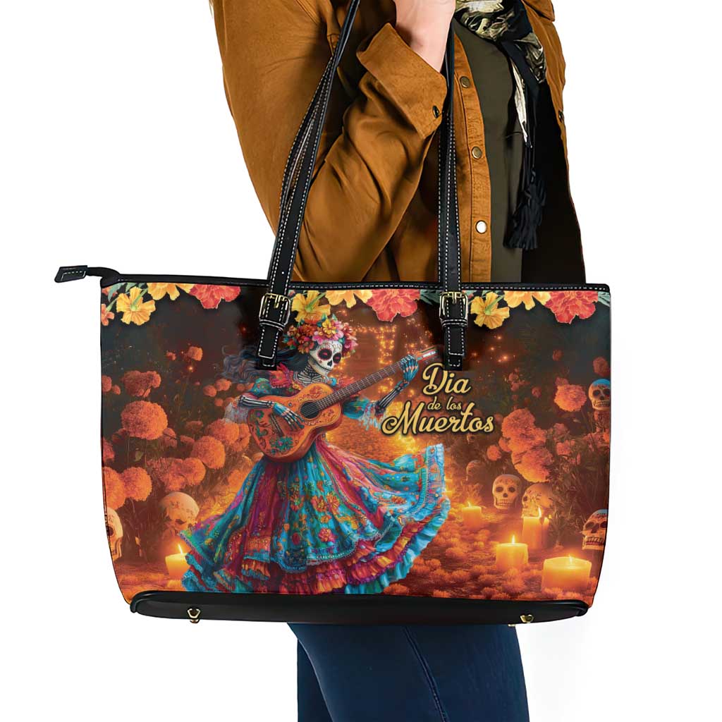 Mexican La Catrina Skeletons Dancing Leather Tote Bag Dia de Los Muertos Verion 2 LT9