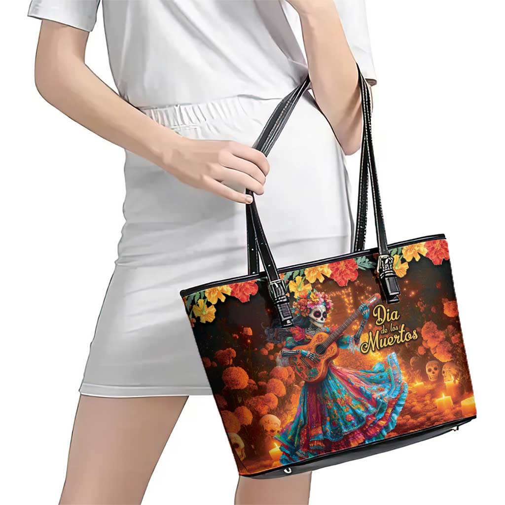 Mexican La Catrina Skeletons Dancing Leather Tote Bag Dia de Los Muertos Verion 2 LT9