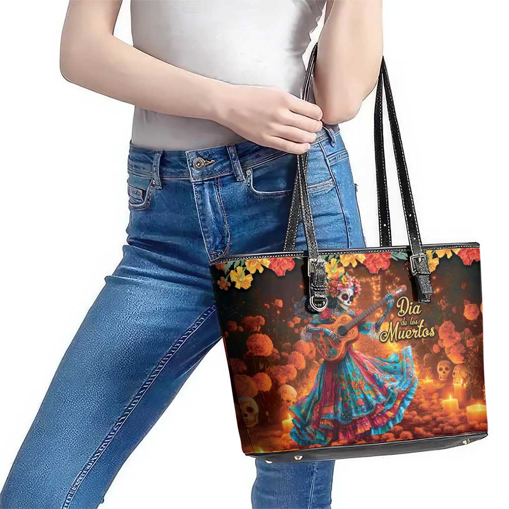 Mexican La Catrina Skeletons Dancing Leather Tote Bag Dia de Los Muertos Verion 2 LT9