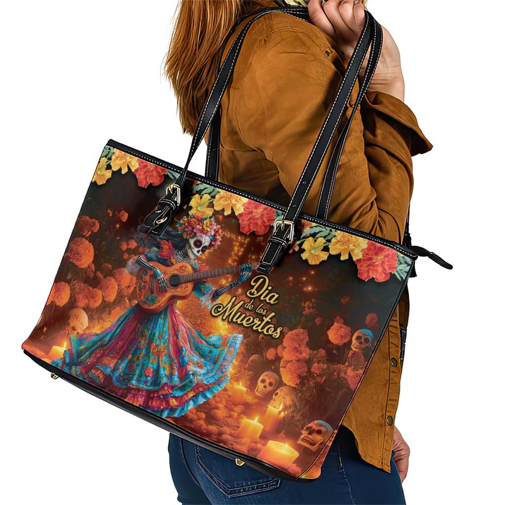 Mexican La Catrina Skeletons Dancing Leather Tote Bag Dia de Los Muertos Verion 2 LT9