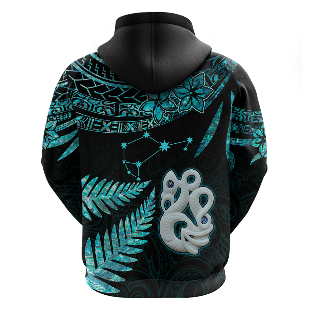 Matariki New Zealand Hoodie Maori Manaia with Paua Shell - Aqua LT9