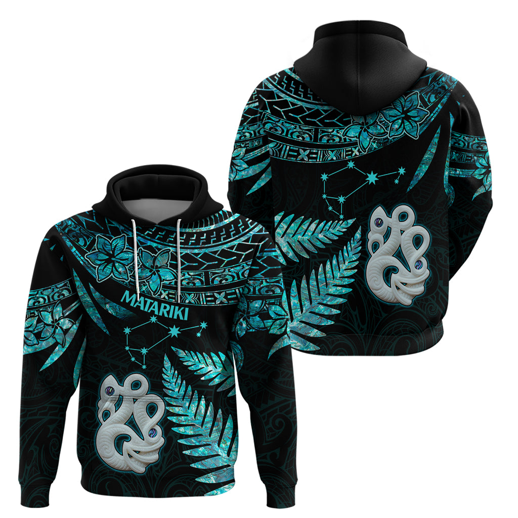 Matariki New Zealand Hoodie Maori Manaia with Paua Shell - Aqua LT9