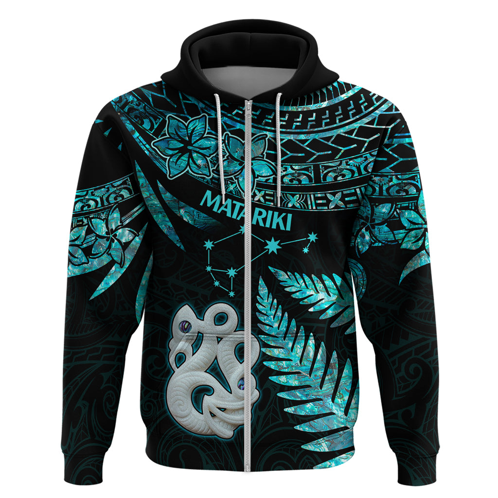Matariki New Zealand Hoodie Maori Manaia with Paua Shell - Aqua LT9