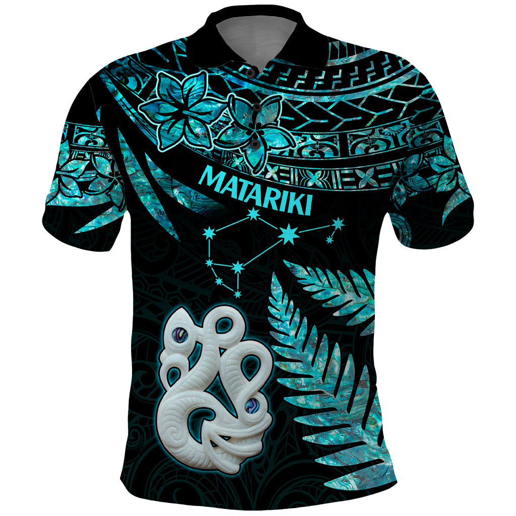 Matariki New Zealand Polo Shirt Maori Manaia with Paua Shell - Aqua LT9