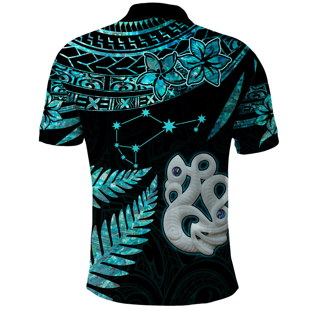 Matariki New Zealand Polo Shirt Maori Manaia with Paua Shell - Aqua LT9