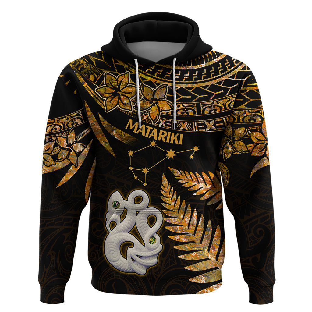 Maori Hoodie Matariki Stars Manaia with Paua Shell - Gold LT9