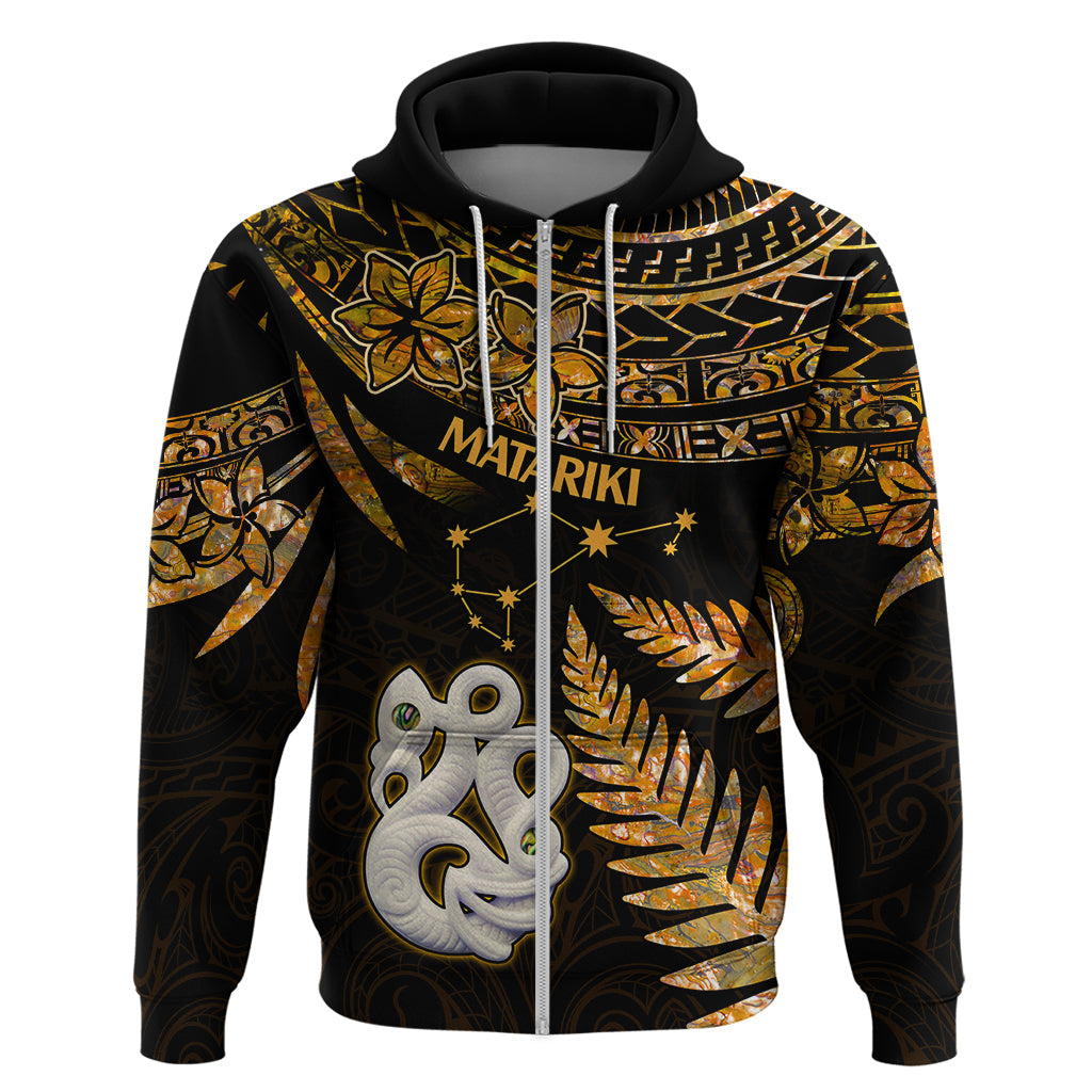 Maori Hoodie Matariki Stars Manaia with Paua Shell - Gold LT9