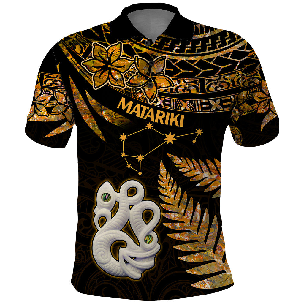 Maori Polo Shirt Matariki Stars Manaia with Paua Shell - Gold LT9