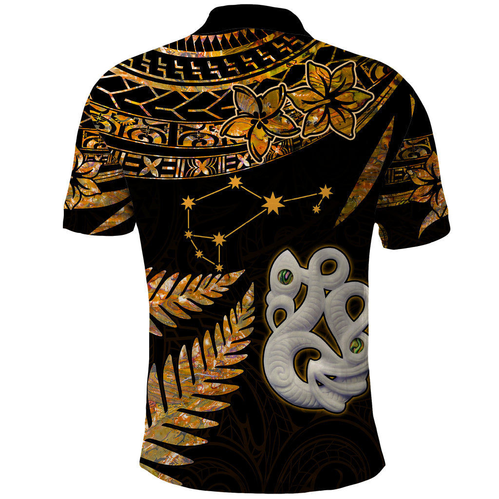 Maori Polo Shirt Matariki Stars Manaia with Paua Shell - Gold LT9