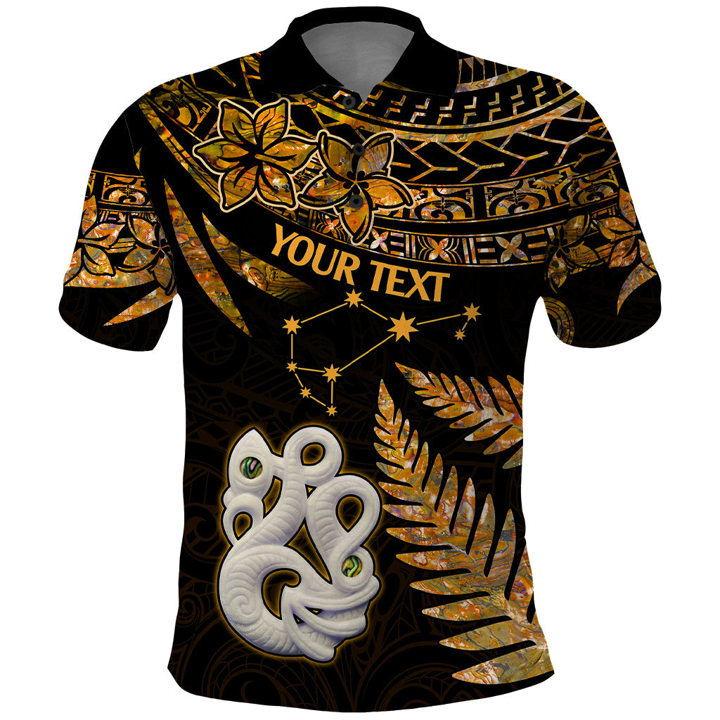 Custom Maori Polo Shirt Matariki Stars Manaia with Paua Shell - Gold LT9