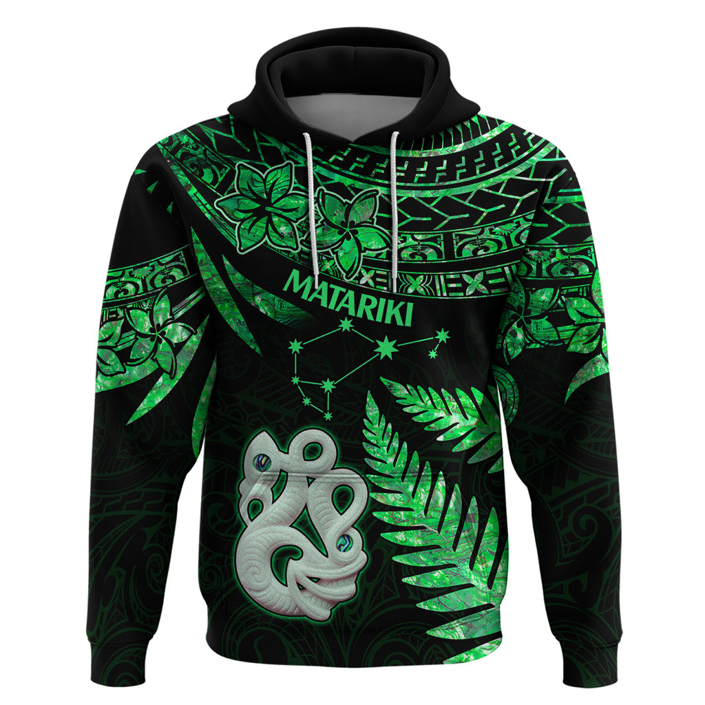 Maori Hoodie Matariki Stars Manaia with Paua Shell - Green LT9