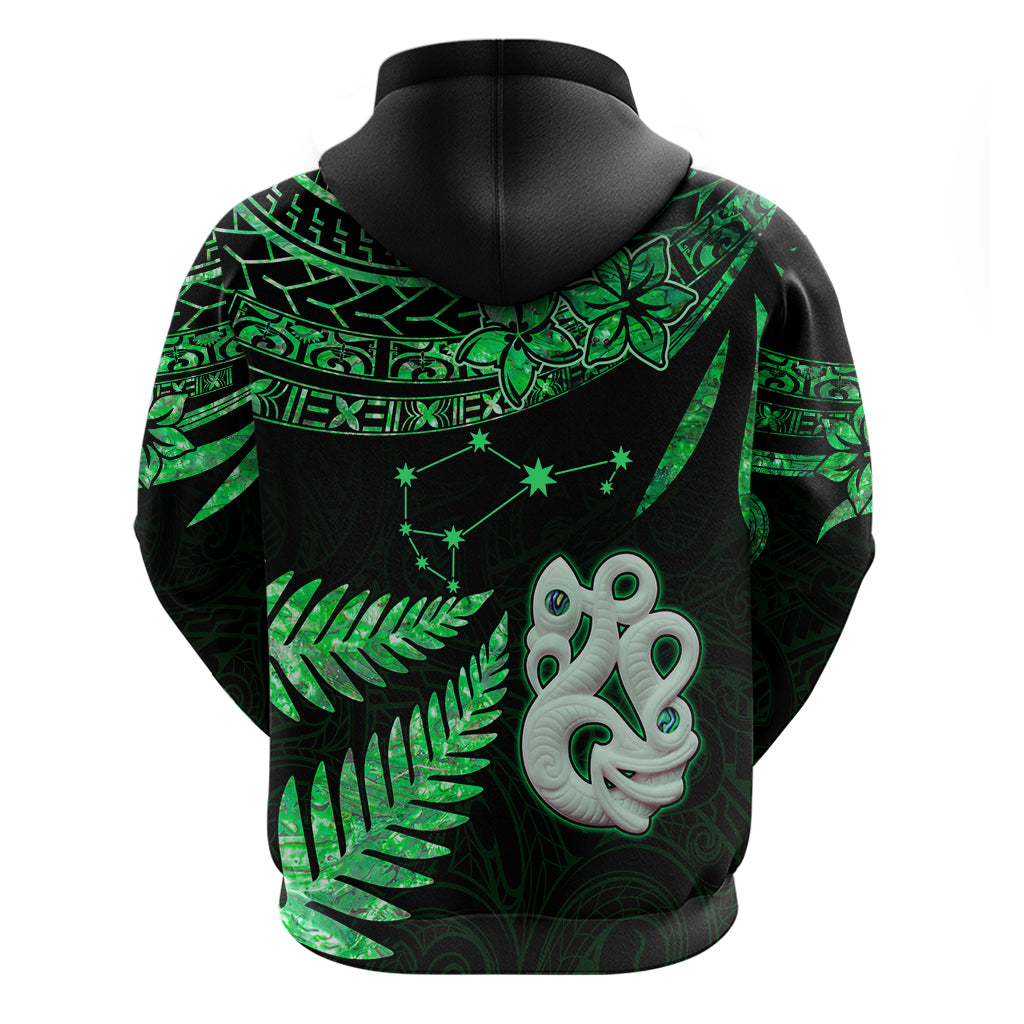 Maori Hoodie Matariki Stars Manaia with Paua Shell - Green LT9