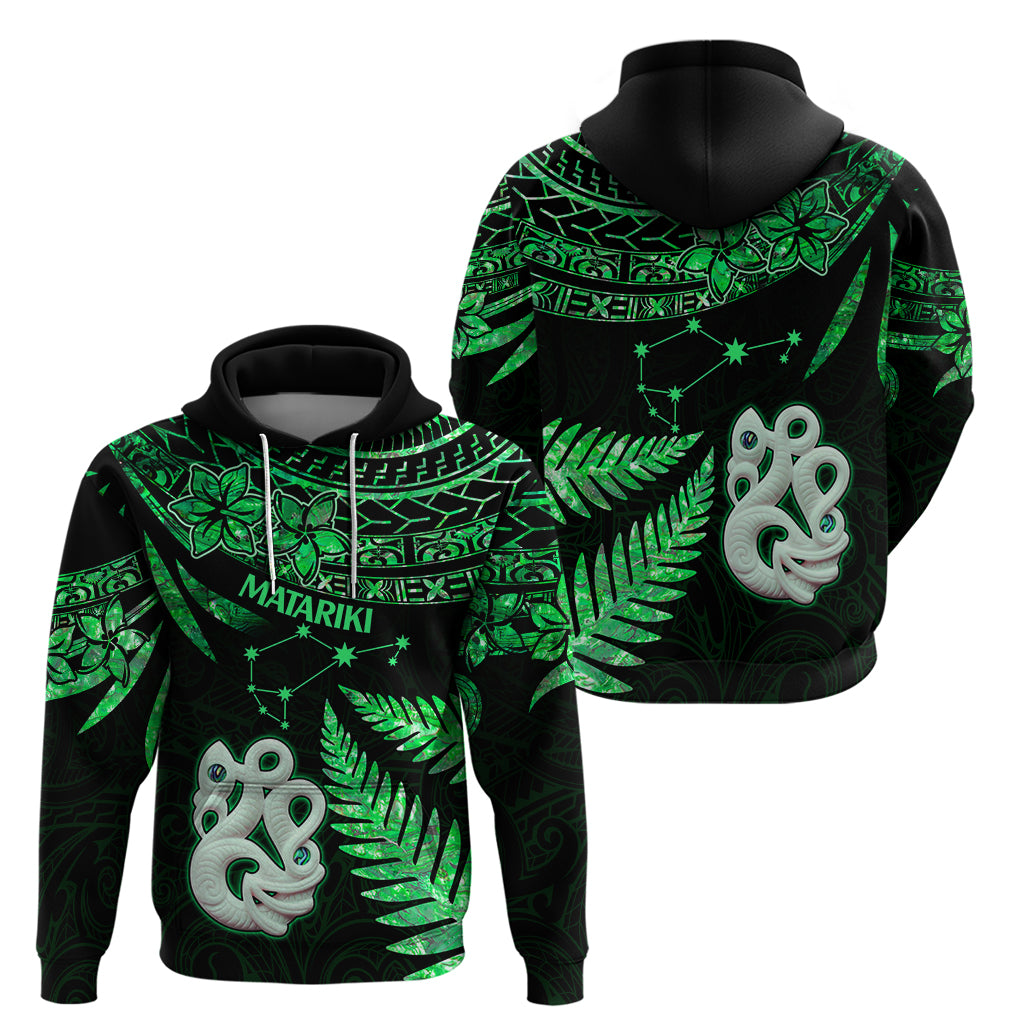Maori Hoodie Matariki Stars Manaia with Paua Shell - Green LT9