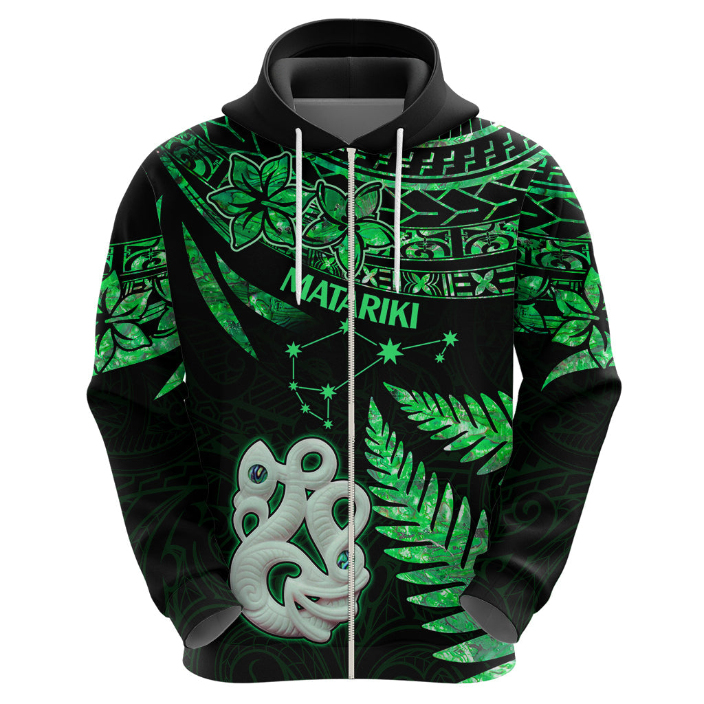 Maori Hoodie Matariki Stars Manaia with Paua Shell - Green LT9