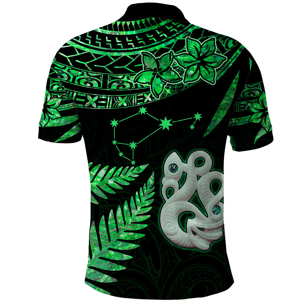 Custom Maori Polo Shirt Matariki Stars Manaia with Paua Shell - Green LT9