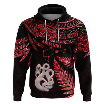 Matariki Hoodie NZ New Year Manaia with Paua Shell - Red LT9
