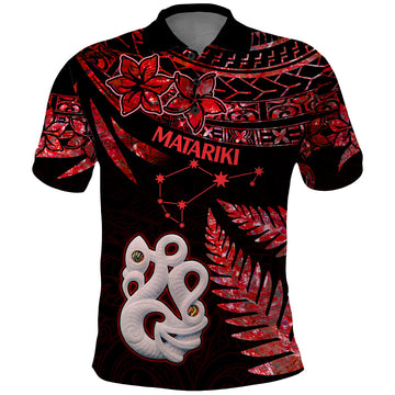 Matariki Polo Shirt NZ New Year Manaia with Paua Shell - Red LT9