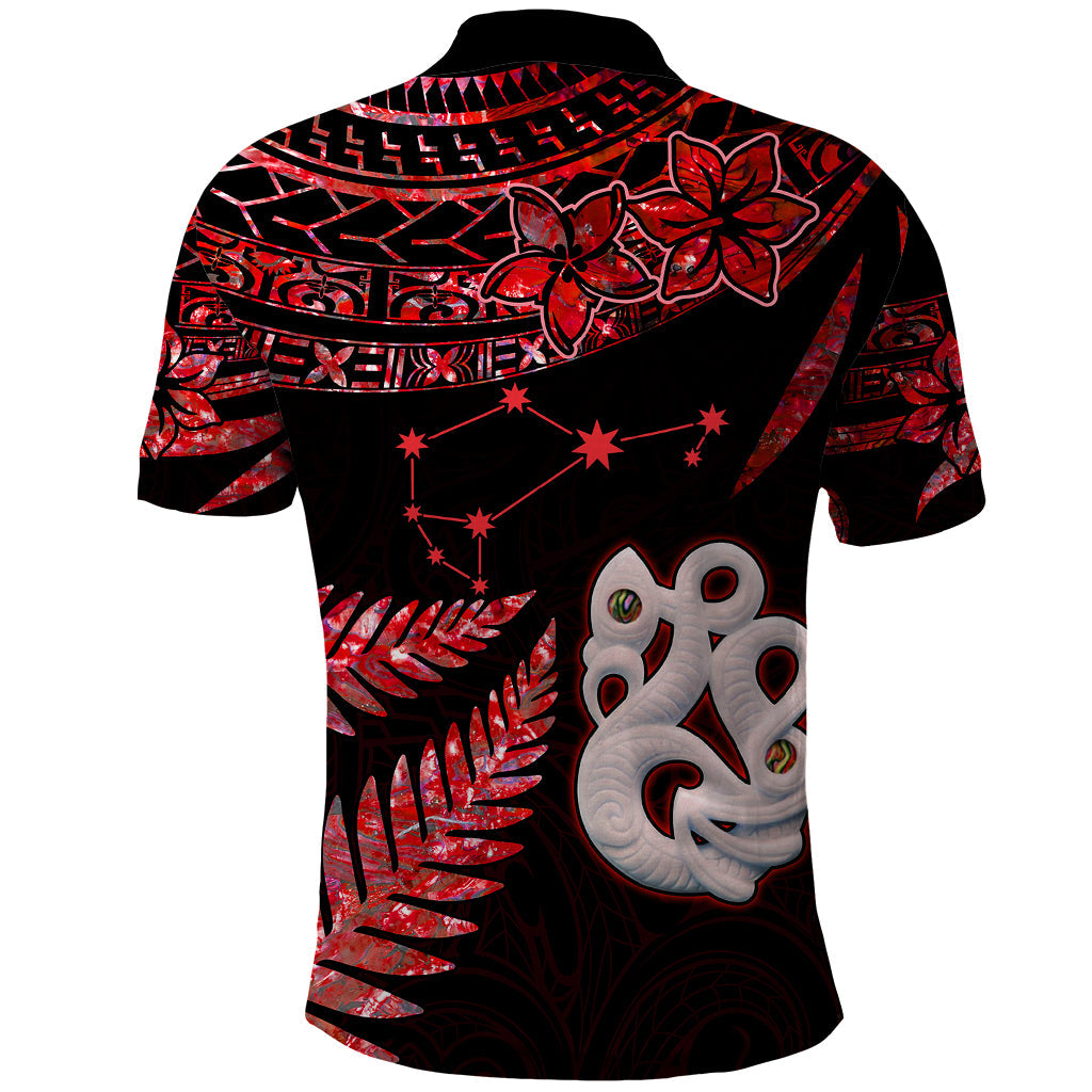 Matariki Polo Shirt NZ New Year Manaia with Paua Shell - Red LT9