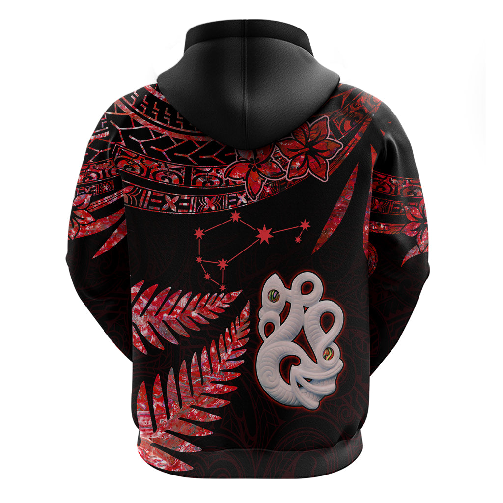 Custom Matariki Hoodie NZ New Year Manaia with Paua Shell - Red LT9