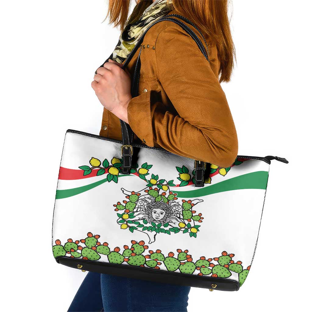 Sicilian Triskelion Leather Tote Bag with Cactus and Lemons LT9