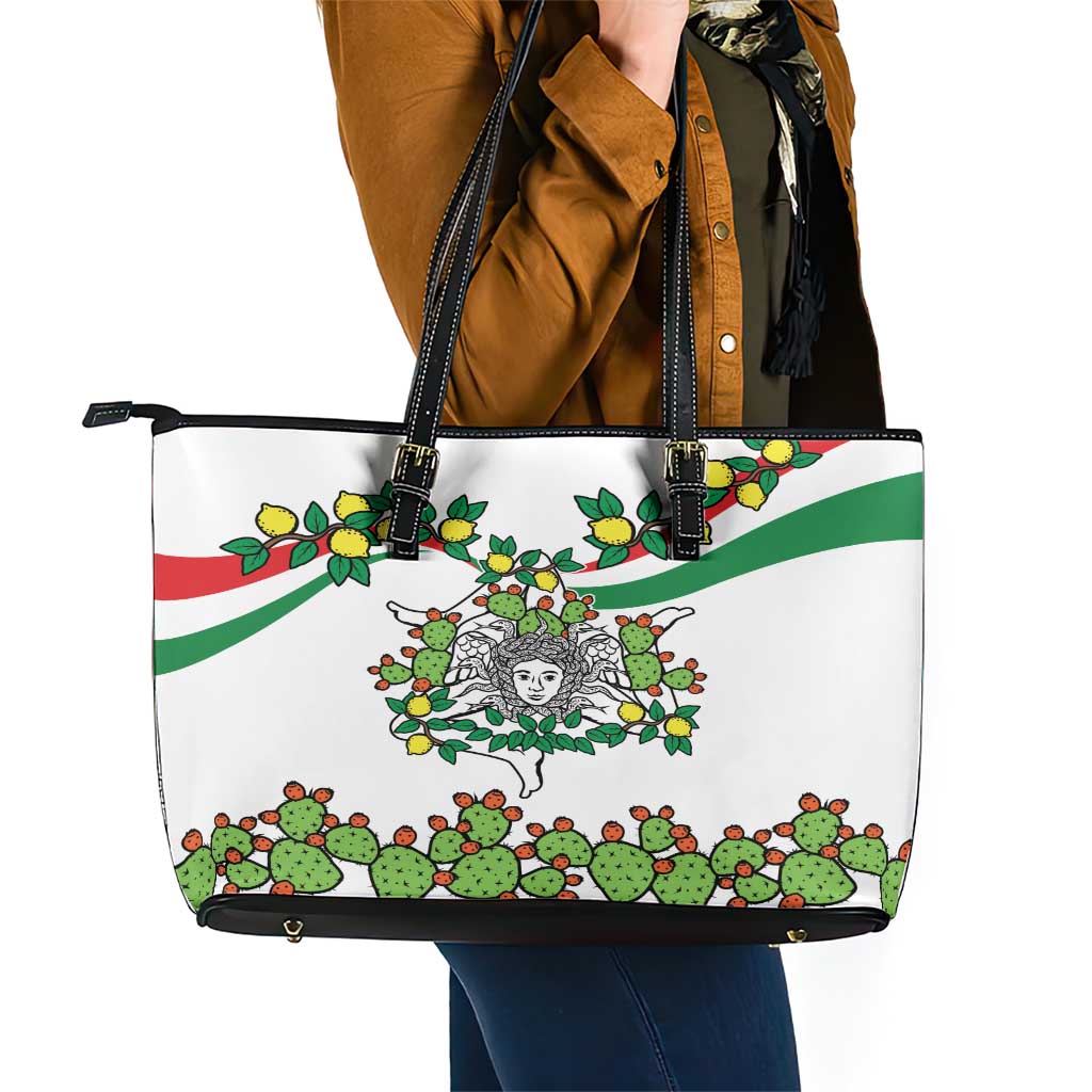 Sicilian Triskelion Leather Tote Bag with Cactus and Lemons LT9