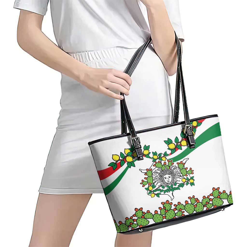 Sicilian Triskelion Leather Tote Bag with Cactus and Lemons LT9