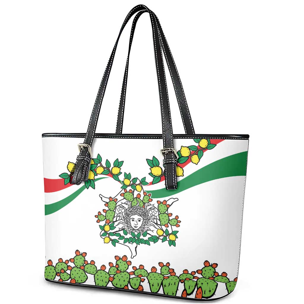 Sicilian Triskelion Leather Tote Bag with Cactus and Lemons LT9