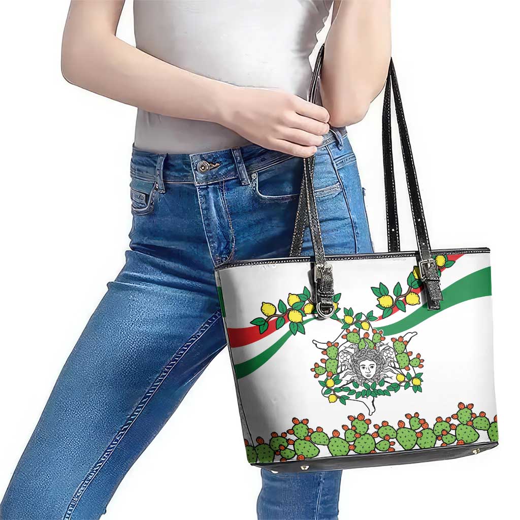 Sicilian Triskelion Leather Tote Bag with Cactus and Lemons LT9