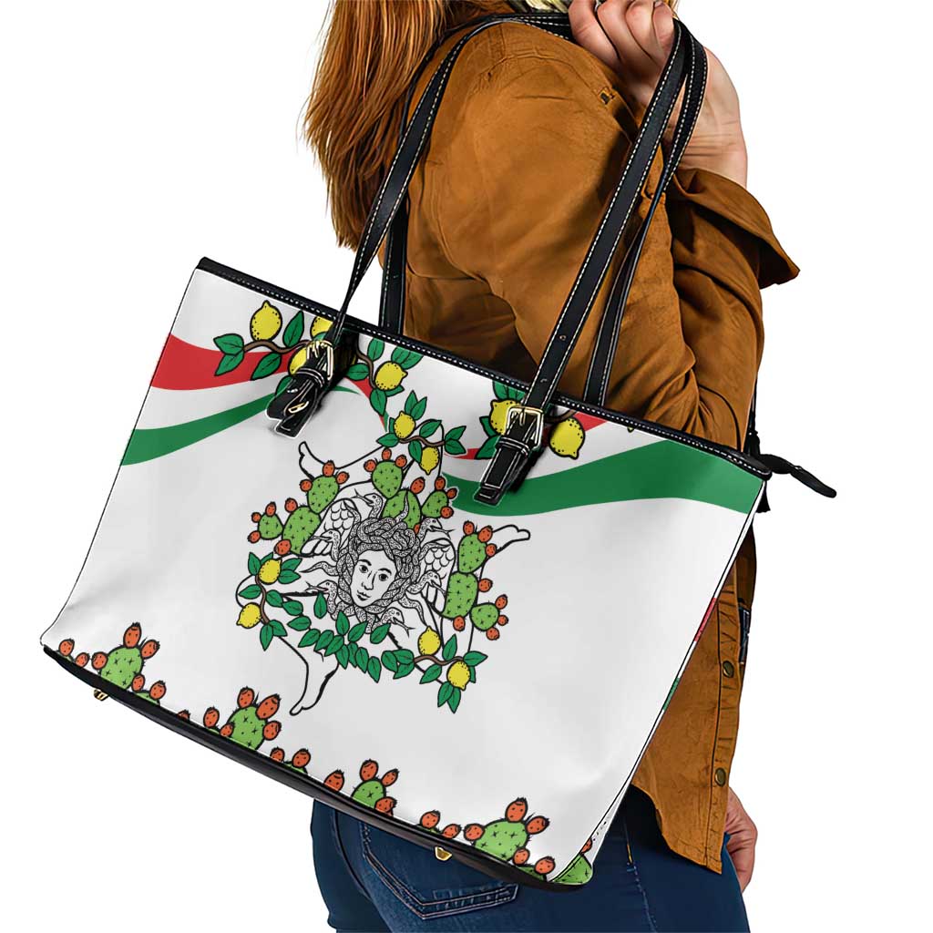 Sicilian Triskelion Leather Tote Bag with Cactus and Lemons LT9