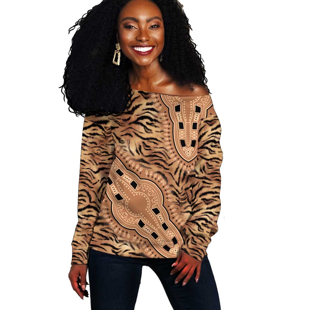 Afro Tiger Mix Dashiki Tribal Pattern Off Shoulder Sweater LT9