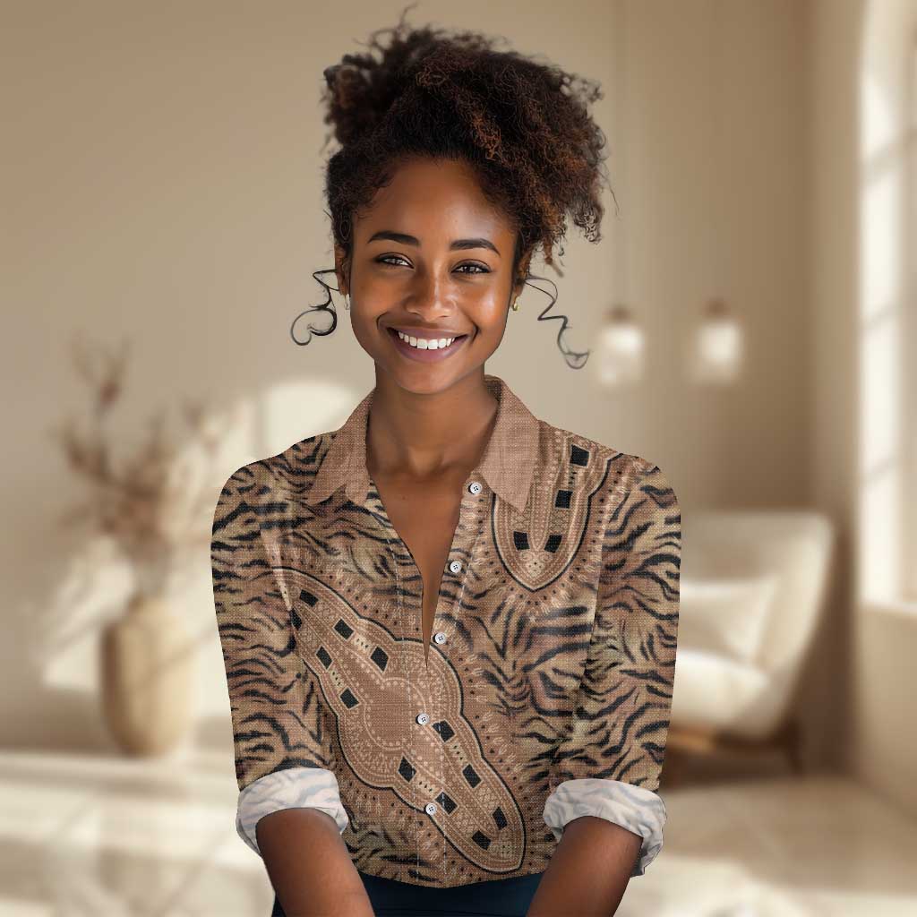 Afro Tiger Mix Dashiki Tribal Pattern Women Casual Shirt LT9