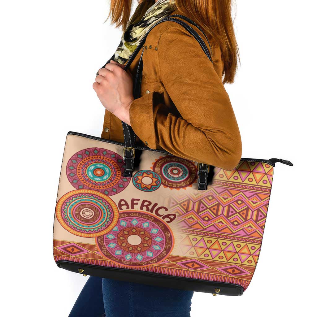 Africa Tribal Traditional Pattern Leather Tote Bag Beige Motif LT9