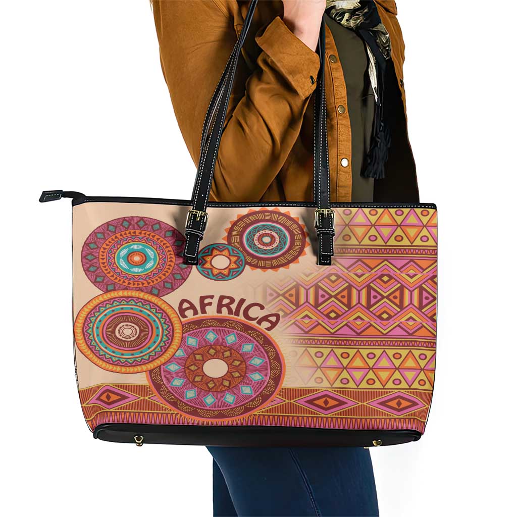 Africa Tribal Traditional Pattern Leather Tote Bag Beige Motif LT9