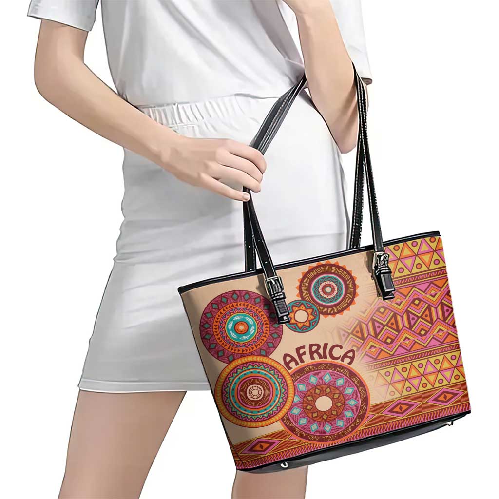 Africa Tribal Traditional Pattern Leather Tote Bag Beige Motif LT9