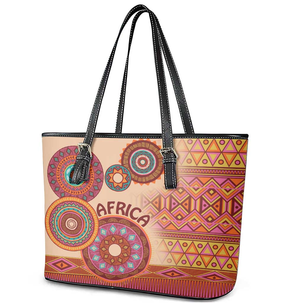 Africa Tribal Traditional Pattern Leather Tote Bag Beige Motif LT9