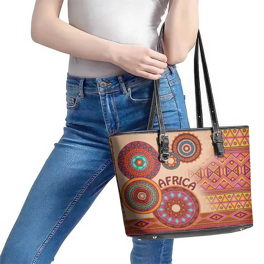 Africa Tribal Traditional Pattern Leather Tote Bag Beige Motif LT9