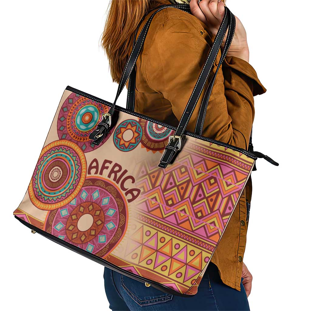 Africa Tribal Traditional Pattern Leather Tote Bag Beige Motif LT9