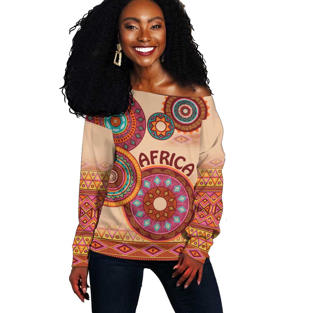 Afro Tribal Traditional Pattern Off Shoulder Sweater Beige Motif LT9